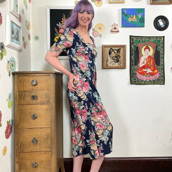 Vintage Floral Rayon Jumpsuit, 1980s Navy & Pink One Piece by Expo, Sz S - Picture 2 of 11